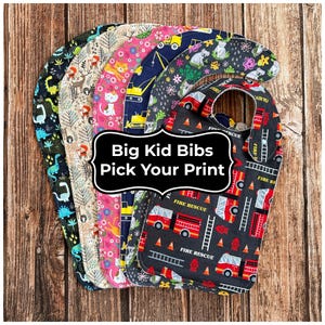 Clothing Protector for Older Child - Special Needs Big Kid Bib, Reversible Two Layer Bibs, Two Closure Options, Long Multiple Print Bibs