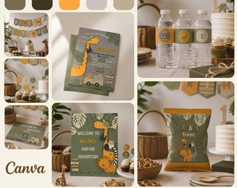 Little Safari Adventure Birthday Party Kit Editable in Canva, Safari Birthday Decorations, Invitation, Banner, Activity Sheets Printable