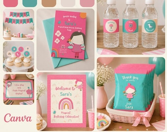 Fairy Unicorn Birthday Party Decorations Editable in Canva, Printable Pink Pastel Party Kit, Invitation, Banner, Chip Bag, Activity Sheets