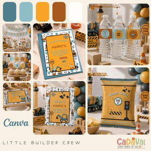 Puede incluir: Un set de fiesta con temática de construcción que incluye invitaciones, etiquetas para botellas de agua y bolsas de snacks con gráficos en amarillo, azul y naranja. Los diseños incluyen excavadoras, señales de tráfico y textos descriptivos.