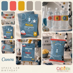 Puede incluir: Un collage de decoraciones de fiesta de cumpleaños con temática espacial. Incluye invitaciones, etiquetas para botellas de agua, un letrero de bienvenida, una bolsa de patatas fritas y una pancarta. La combinación de colores es azul, rojo, amarillo y gris. El texto dice "Space Lab Birthday".