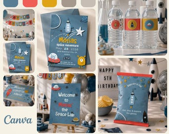Space Lab Birthday Party Printable Kit Template, Editable Outer Space Decorations, Invitation, Banner, Activity Sheets, Welcome Sign, Canva