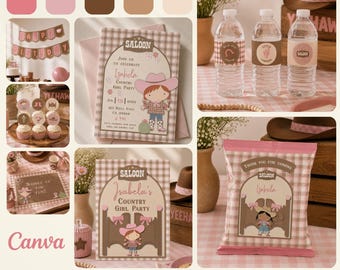 Country Girl Birthday Party Kit Editable in Canva, Pink Cowgirl Party Decorations, Western Birthday Printable, Invitation, Banner, Activitie