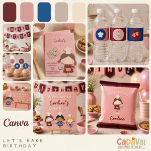Puede incluir: Un collage de suministros para fiestas de cumpleaños con temática rosa y granate. Incluye botellas de agua con etiquetas decorativas, cupcakes, una pancarta que dice "Happy Birthday" e invitaciones con una ilustración de una niña panadera. El tema es "Let's Bake Birthday".