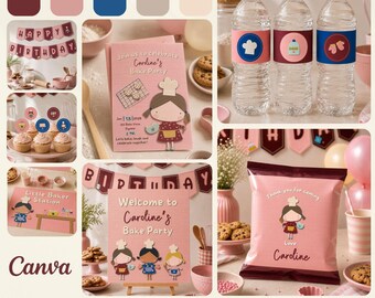 Let’s Bake Birthday Party Kit Editable Template, Baking Birthday Decorations, Girls Bake Party Printable Bundle, Instant Download, DIY Canva