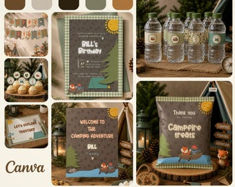 Little Camping Birthday Party Kit Editable in Canva, Woodland Camping Birthday Decorations, Invitation, Banner, Activity Placemat, Chip Bag