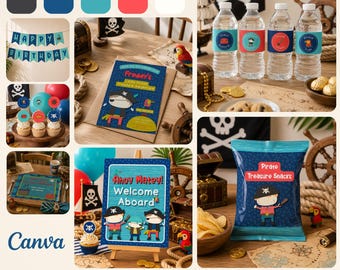 Little Pirate Treasure Adventure Birthday Party Kit, Editable Canva Template, Pirate Invitation, Banner, Activities, Chip Bag Set, Placemat