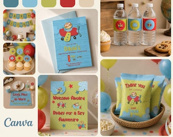 Little Sky Adventures Birthday Party Kit Editable Canva Template, Airplane Animal Party Decor, Kids Activity Sheets Printable, Placemate