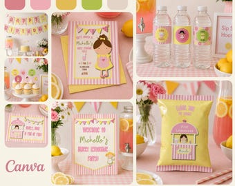 Pink Lemonade Birthday Party Printable Kit, Editable in Canva, Lemonade Stand Party Decorations, Girls Birthday Decor, Activity Sheets