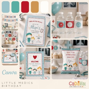 Puede incluir: Un collage de suministros para fiestas con temática médica. Incluye invitaciones, adornos para cupcakes, botellas de agua y bolsas de bocadillos. La combinación de colores es azul claro, rojo y blanco, con ilustraciones de médicos y símbolos médicos. El texto incluye "Little Medics Birthday".