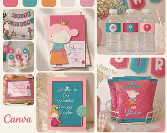 Enchanted Princess Kingdom Birthday Party Bundle Editable in Canva, Princess Party Decorations, Invitation, Banner, Activities for Kids