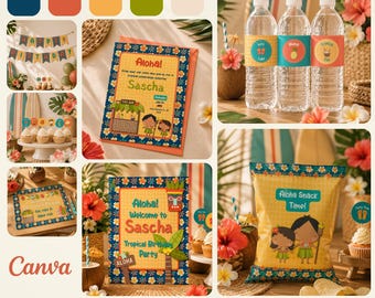 Little Aloha Birthday Party Kit Editable in Canva, Tropical Luau Kids Party Decor, Hawaiian Birthday Printable Bundle, Placemat, Activities