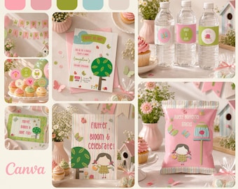 Flutter and Bloom Birthday Party Kit Editable in Canva, Butterfly Garden Party Decor, Girls Pastel Birthday Bundle, flowers, Cute Pink kit