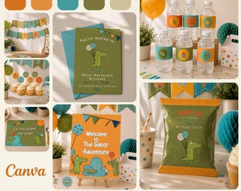 Cute Alligator Birthday Party Kit Editable in Canva, Gator Birthday Decorations, Invitation, Chip Bag, Activity Sheets, See You Later Gator