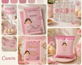 Editable Little Garden Princess Birthday Party Decorations Template in Canva, Printable Pink Garden Party Kit, Invitation 5x7, Activities