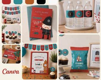 Little London Birthday Party Decorations Printable, Editable in Canva, London Theme Birthday Kit, Invitation Banner Activities for Kids