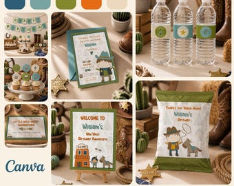 Cowboy Birthday Party Decorations Editable in Canva, Wild West Birthday Party Printable Kit, Western Birthday Decor Bundle, Activity sheets