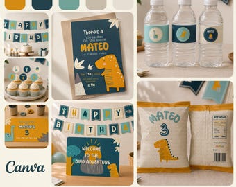 Dinosaur Birthday Party Kit Printable, Dino Editable Decorations, Boy Birthday Bundle, Invitation, Banner, Placemats, Cupcake Toppers