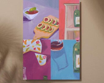 Colorful Still Life Digital Print | Fruit & Wine Wall Art | Abstract Food Illustration | Modern Kitchen Decor | Printable Art Download