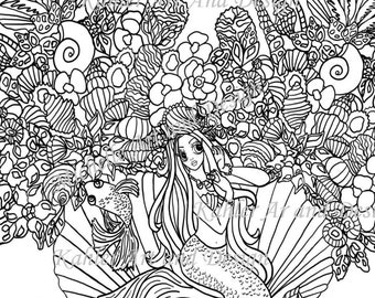 Detailed Mermaid Coloring Page with Shells (Printable)