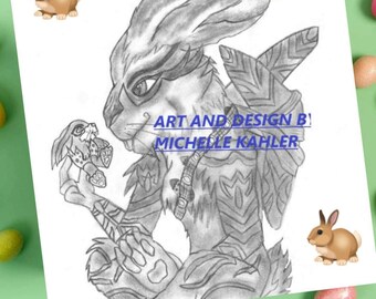 May include: A black and white coloring page featuring a bunny rabbit holding a smaller bunny rabbit. The title of the page is "E. Aster Bunny Coloring Page" with the text "Art and Design by Michelle Kahler" below the image.