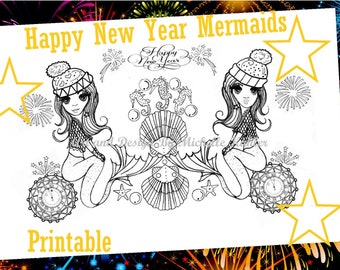 New Year Coloring Page. Printable. Mermaid Coloring. Winter Coloring. Fantasy Coloring.