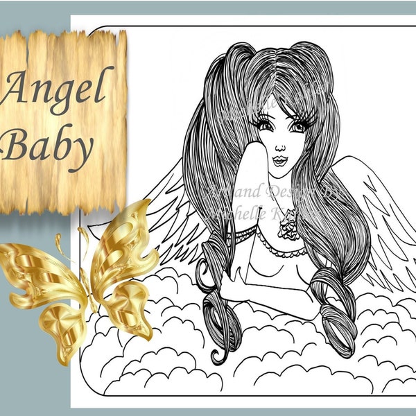 Angel Coloring Page. Printable. Angel Baby. Coloring Angels. Coloring Wings. Coloring Women. Coloring Hair.
