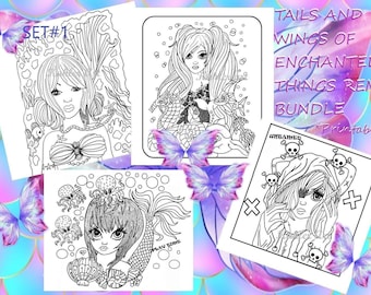 Mermaid and Fairy Coloring Bundle.4 Printable Coloring Pages. "Tails and Wings of Enchanted Things Remix Bundle Set #1 . Fantasy Coloring.