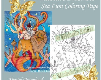 Atlantis Merman and Sea Lion printable Coloring page Mermaid coloring. Fantasy coloring. Digital Download.