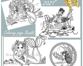 May include: A coloring page bundle featuring four black and white illustrations of mermaids. The illustrations include a mermaid looking in a mirror, a mermaid riding a turtle, a mermaid holding a baby seahorse, and a mermaid sitting in a shell.