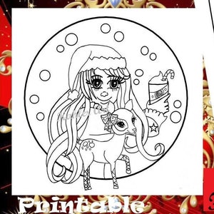 May include: Black and white line art illustration of a girl wearing a Santa hat and holding a cup of hot chocolate. She is standing with a small deer beside her. The image is set against a background of a circle with white dots.