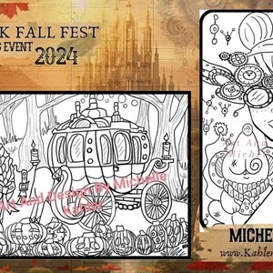 May include: A black and white coloring page featuring a steampunk-style carriage pulled by a horse, surrounded by pumpkins. The carriage has intricate details and gears. The text "STEAMPUNK FALL FEST COLORING EVENT 2024" is at the top of the page.