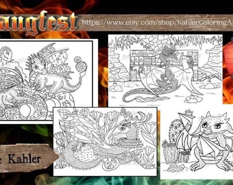 Smaugfest 2022 Coloring Event Printable Coloring bundle. 4 cute Dragon themed coloring images. Line Art.