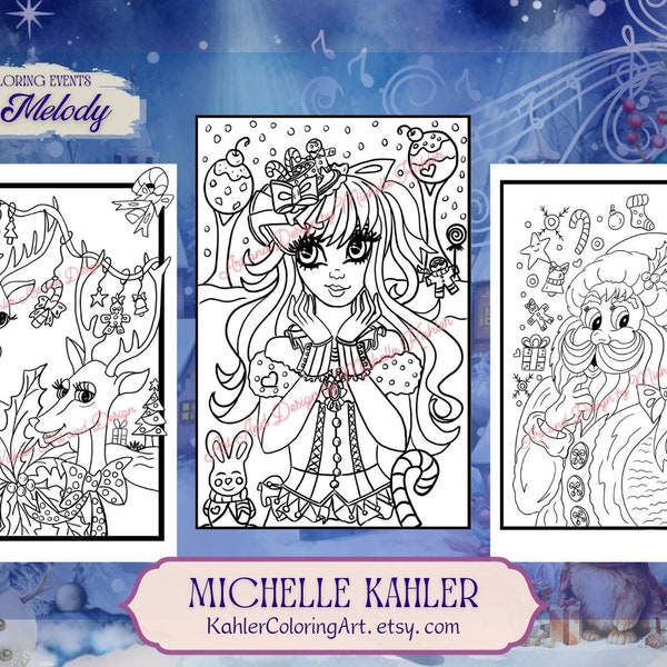 Holiday Melody Coloring Bundle. Printable. Winter Wonderland, Santa's Rudolph and Santa Coming to Town.