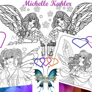 Può includere: Pagine da colorare in bianco e nero con fate con le ali. Le pagine includono cuori, fiori e il testo "Michelle Kahler Art" e "Faebruary 2021".