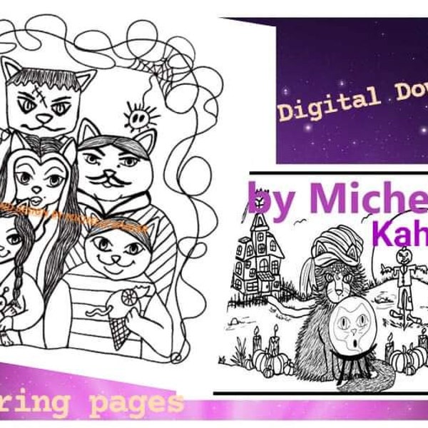 Coloring Bundle of The Adams family Cats and The Gypsy Cat. Printable. Cat Coloring.