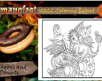 Dragons and Donuts Coloring Page, Cute Line Art (Printable)