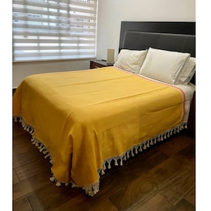 Handmade Mexican Bedspread/Quilt Made of Cotton Oaxaca, Mexico. Yellow and Beige. Twin, Full, Queen and King Size. Handwoven Bedspread