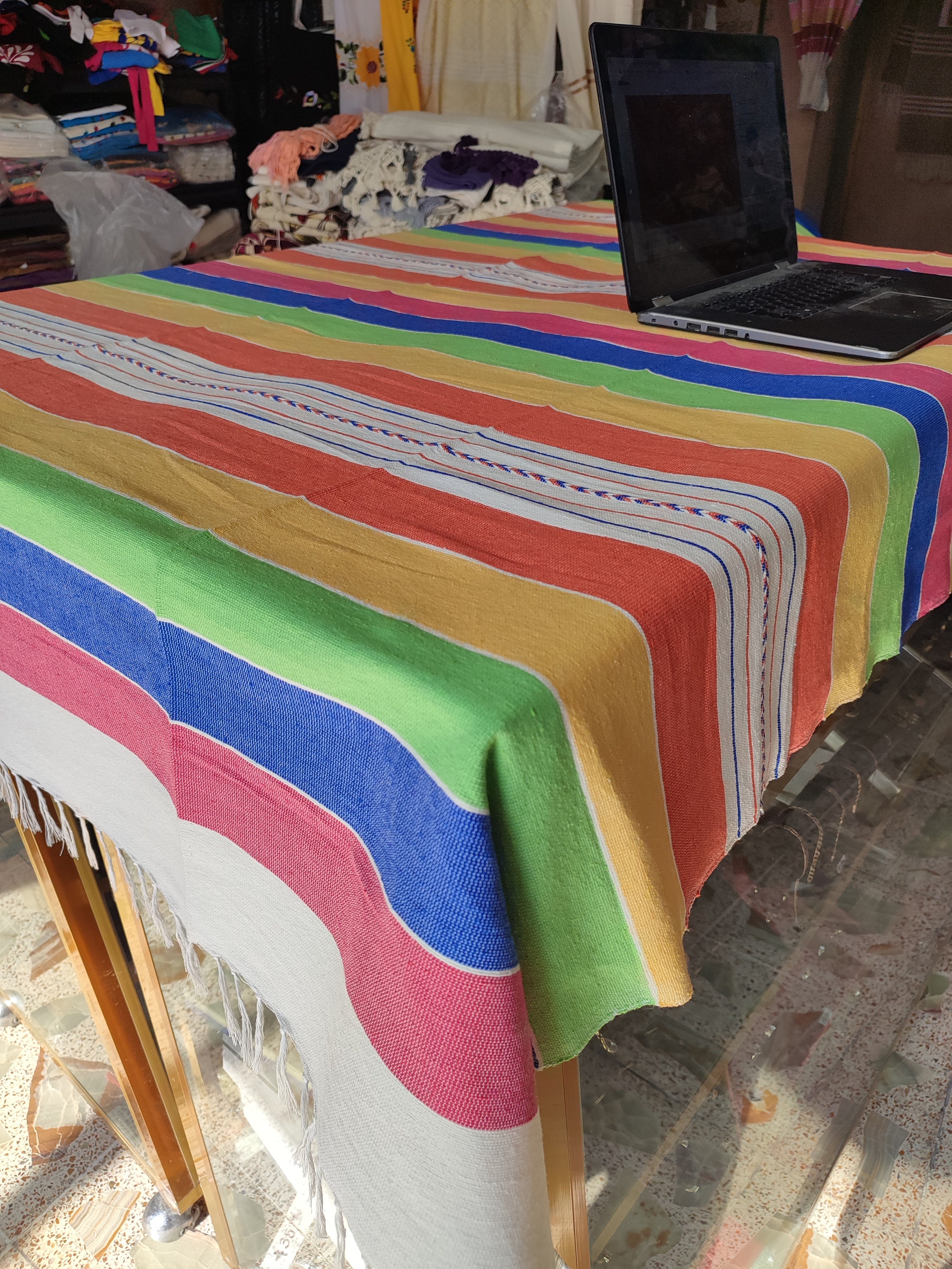 手作りのマルチカラーのメキシコ風テーブルクロス：コットンオアハカ