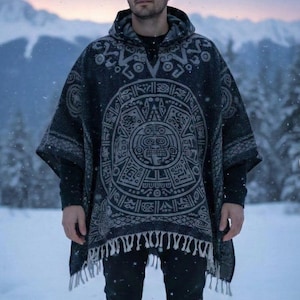 Poncho mexicain à capuche • Gaban en laine mélangée avec calendrier aztèque