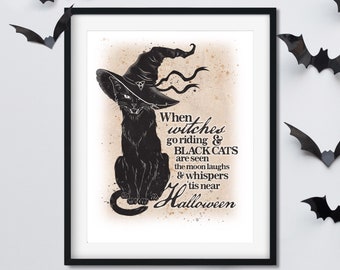 When Witches Go Riding and Black Cats Are Seen -  Halloween Art Prints - 11x14 Inch Unframed Print - Halloween Decoration