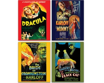 Op de afbeelding: Een set van vier vintage filmposterprints met klassieke horrorfilms. De posters zijn in een rasterformaat gerangschikt en tonen de titels "Dracula", "De Mummie", "De Bruid van Frankenstein" en "De Zwarte Kat".