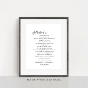 Motherhood List - Motherhood is Unconditional Love - Mother's Day New Mom Gift - Unframed 11x14 Art Print