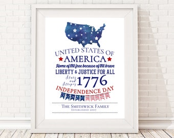 Personalized Independence Day Print, Family Name, 4th of July Decor