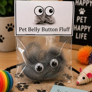 May include: A clear plastic bag containing a clump of grey lint with two attached googly eyes. The white header card features a graphic of eyes and the text Pet Belly Button Fluff. A small blue note reads Small fluff, Big smiles! with a paw print.
