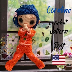 Coraline English Crochet Pattern, amigurumi, doll, toy, gift, digital download, animal, beginner friendly,
