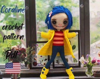 Coraline English Crochet Pattern, amigurumi, doll, toy, gift, digital download, animal, beginner friendly,