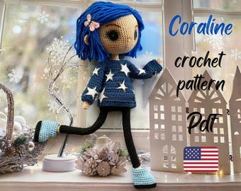Coraline English Crochet Pattern, amigurumi, doll, toy, gift, digital download, animal, beginner friendly,