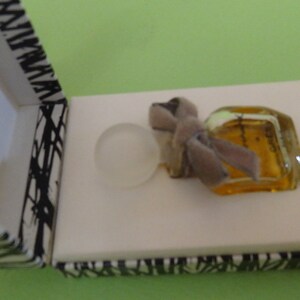 May include: An open white box with a black and white abstract design on the edges, containing a small perfume bottle, a clear glass stopper, and a gray ribbon. The perfume bottle is amber-colored.