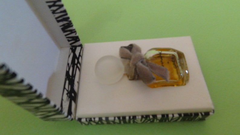 May include: An open white box with a black and white abstract design on the edges, containing a small perfume bottle, a clear glass stopper, and a gray ribbon. The perfume bottle is amber-colored.